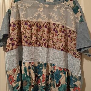 Easel Light Blue Mesh Lace Detail Top